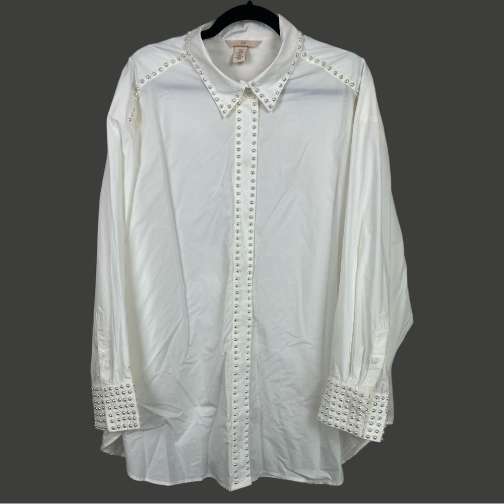 H&M Womens White Pearl Studded Button-Down shirt sz XL